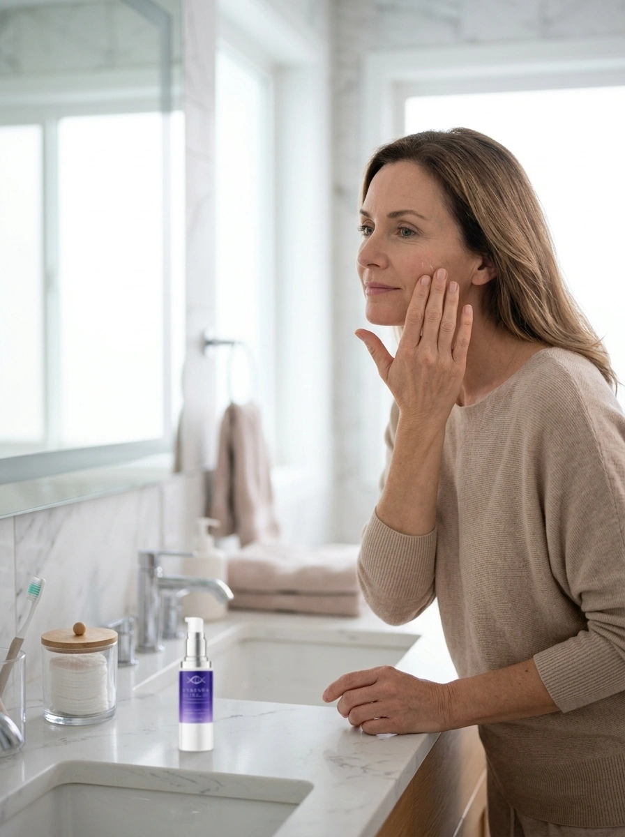 Women stands near the sink and mirror, gently applying Synevra UltraLift serum to her cheek with her fingertips